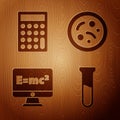 Set Test tube and flask, Calculator, Equation solution and Bacteria on wooden background. Vector