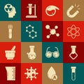 Set Test tube and flask chemical, Atom, Molecule, Human head radiation and icon. Vector