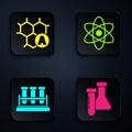 Set Test tube and flask chemical, Chemical formula, Test tube and flask chemical and Atom. Black square button. Vector