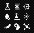 Set Test tube and flask chemical, DNA symbol, Chemical formula, Bacteria, Head electric, Molecule, Water drop and on Royalty Free Stock Photo