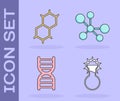 Set Test tube and flask, Chemical formula, DNA symbol and Molecule icon. Vector
