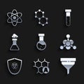 Set Test tube and flask chemical, Chemical formula, Funnel filter, Bacteria, Biohazard symbol on shield, and Atom icon