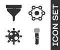 Set Test tube and flask chemical, Funnel or filter, Bacteria and Chemical formula icon. Vector