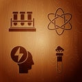 Set Test tube and flask chemical, Test tube and flask chemical, Head and electric symbol and Atom on wooden background