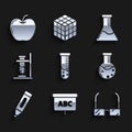 Set Test tube and flask chemical laboratory, Chalkboard, Glasses, Marker pen, test on fire, and Apple icon. Vector