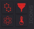 Set Test tube and flask chemical, Molecule, Funnel or filter and Atom icon. Vector Royalty Free Stock Photo