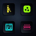 Set Test tube and flask, , Chemical online and Bacteria. Black square button. Vector