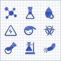 Set Test tube and flask chemical, on stand, Bacteria, Biohazard symbol, High voltage sign, Water drop and Molecule icon Royalty Free Stock Photo