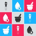 Set Test tube and flask chemical, Water drop and Mortar and pestle icon. Vector Royalty Free Stock Photo