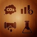 Set Test tube and flask, CO2 emissions in cloud, Broken metal pipe with leaking water and Pie chart infographic and