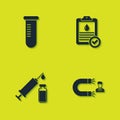 Set Test tube or flask, Customer attracting, Medical syringe and vial and Clipboard with blood test icon. Vector