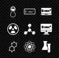 Set Test tube and flask, Equation solution, Chemical formula, Atom, Radioactive and Molecule icon. Vector Royalty Free Stock Photo