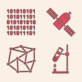 Set Test tube flask on fire, Binary code, Satellite and Neural network icon. Vector Royalty Free Stock Photo