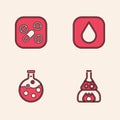 Set Test tube flask on fire, Medicine pill or tablet, Water drop and and icon. Vector