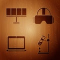 Set Test tube flask on fire, Solar energy panel, Laptop and Virtual reality glasses on wooden background. Vector