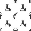 Set Test tube and flask, Gasoline pump nozzle and Oil petrol test tube on seamless pattern. Vector