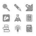 Set Test tube and flask, Light bulb, Book, Exam sheet with check mark, Paper airplane, clip and Unknown search icon
