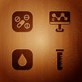 Set Test tube and flask, Medicine pill or tablet, Water drop and Chemical formula on wooden background. Vector