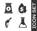 Set Test tube and flask, Oil and gas industrial factory building, Gasoline pump nozzle and Drop in crude oil price icon