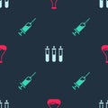 Set Test tube and flask, Reagent bottle and Syringe on seamless pattern. Vector