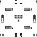 Set Test tube and flask, Server, Data, Web Hosting and Keyboard and mouse on seamless pattern. Vector.