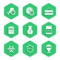 Set Test tube and flask, Shield for bio healthy food, GMO, Biohazard symbol, No and Gmo research chicken icon. Vector Royalty Free Stock Photo