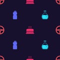 Set Test tube and flask, Sport bottle with water, Cake burning candles and Steering wheel on seamless pattern. Vector