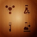 Set Test tube flask on stand, Molecule, and with toxic liquid on wooden background. Vector