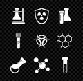 Set Test tube flask on stand, Radioactive in shield, chemical, Molecule, and Biohazard symbol icon. Vector