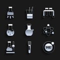 Set Test tube, Helium, Atom, flask on stand, and icon. Vector