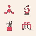 Set Test tube, Molecule, Microscope and Laboratory glassware icon. Vector