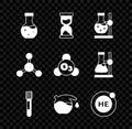 Set Test tube, Old hourglass, flask on stand, Helium, Molecule and Ozone icon. Vector