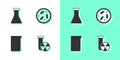 Set Test tube radiation, and flask, Laboratory glassware or beaker and Petri dish with bacteria icon. Vector