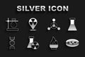 Set Test tube radiation, and flask, Petri dish with bacteria, Alcohol or spirit burner, DNA symbol, Molecule, stand and