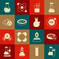 Set Test tube, with toxic liquid, Helium, Laboratory glassware, Petri dish bacteria, Radioactive, and icon. Vector Royalty Free Stock Photo