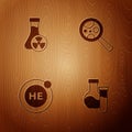 Set Test tube, with toxic liquid, Helium and Microorganisms under magnifier on wooden background. Vector Royalty Free Stock Photo