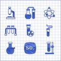 Set Test tube with toxic liquid, Sulfur dioxide SO2, flask on stand, Atom and Microscope icon. Vector