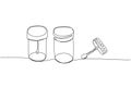 Set test tubes. Plastic Jar for analysis of urine, feces, sperm medical supplies, equipment one line art. Continuous