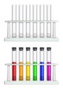 Set of test tubes in racks. Test tubes empty and filled with multi-colored liquid. Special laboratory equipment for Royalty Free Stock Photo