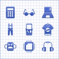 Set Tetris, Processor with CPU, Headphones, T-shirt, School backpack, Pants suspenders, Laptop and Calculator icon