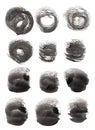 Set 20 with tewlve different shapes abstract round spot. Isolated on white. Hand drawn chinese ink on paper textures. Inkdrawn Royalty Free Stock Photo