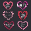 Set of 6 textured shapes of heart. Happy Valentine`s Day. Creative frames. Grunge. Holiday in February. Love Royalty Free Stock Photo