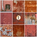 A set of textures. The collection includes: brick wall, cracked plaster, rusty metal, a plate with the number one, wooden boards w Royalty Free Stock Photo