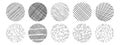 Set of textures with different hand drawn circle patterns. Vector scribble, horizontal and wave strokes collection. Royalty Free Stock Photo