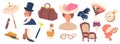 Set of 19th Century Items Umbrella, Cigar, Valise Bag, Pocket Watch and Glasses. Walking Cane, Hat, Boots and Gloves Royalty Free Stock Photo