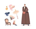 Set 19th Century Lady Fashion. Woman Wear Long Elegant Gown and Hat. Isolated Accessories, Perfume, Gloves, Umbrella Royalty Free Stock Photo