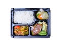 Set of thai food take away  top view   rice , clear soup , stir fried vegetables and  spicy shrimp paste  in plastic box Royalty Free Stock Photo