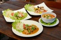 Set of Thai foods and Asian Food on wood table Royalty Free Stock Photo