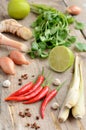 Set of thai ingredients on wooden background