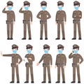 Set of Thai police in brown uniform with New normal life wearing a surgical protective Medical mask and goggles
